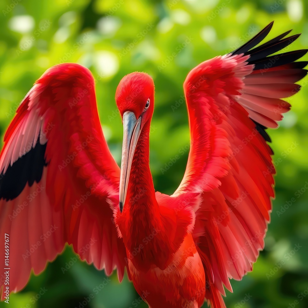 Fototapeta premium illustration of a stork in the forest, scarlet ibis in the forest, red billed hornbill ,scarlet ibis in the zoo, scarlet ibis bird