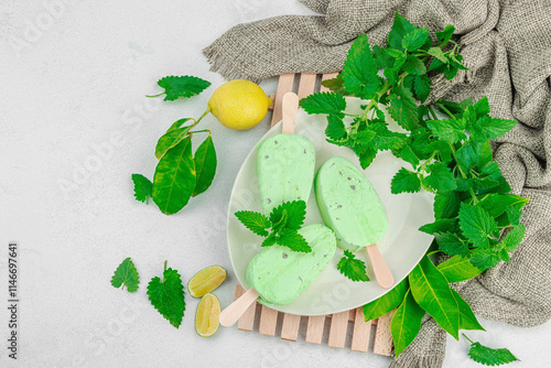 Trendy lemon balm ice cream. Chocolate drops, fresh leaves, ripe lemons. Refreshing summer dessert photo