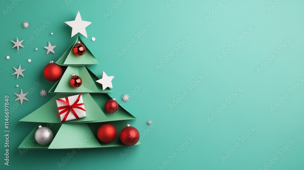 A paper Christmas tree cutout adorned ornaments, stars, and a wrapped gift, conveying a festive holiday atmosphere and creative design A paper Christmas tree cutout adorned ornaments, stars, and a wrapped gift, conveying a festive holiday atmosphere and creative design