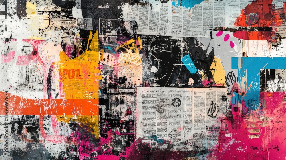 Naklejka premium Vibrant abstract collage with newspaper clippings, bold splashes of pink, yellow, and blue, blending modern and urban graffiti styles. Perfect for contemporary and expressive art themes.