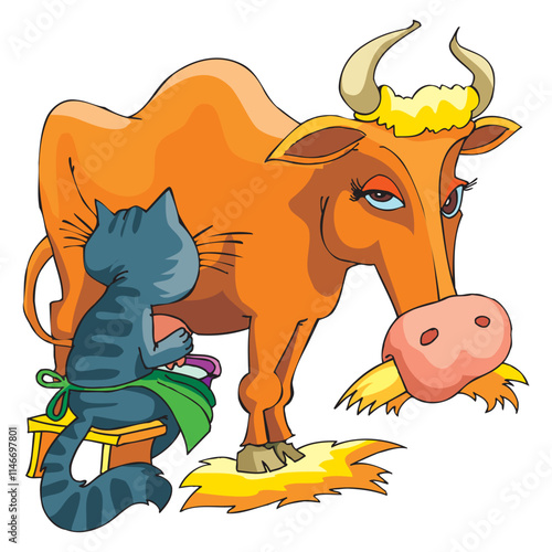 Cartoon characters of cat milking cow vector design