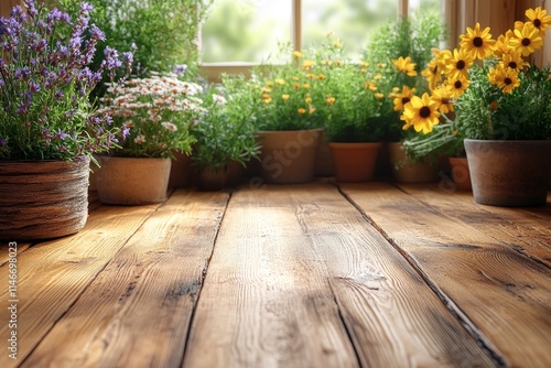 A cozy indoor garden with various flowering plants in pots on a wooden floor.