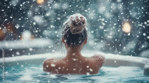 woman with champagne in jacuzzi in winter.