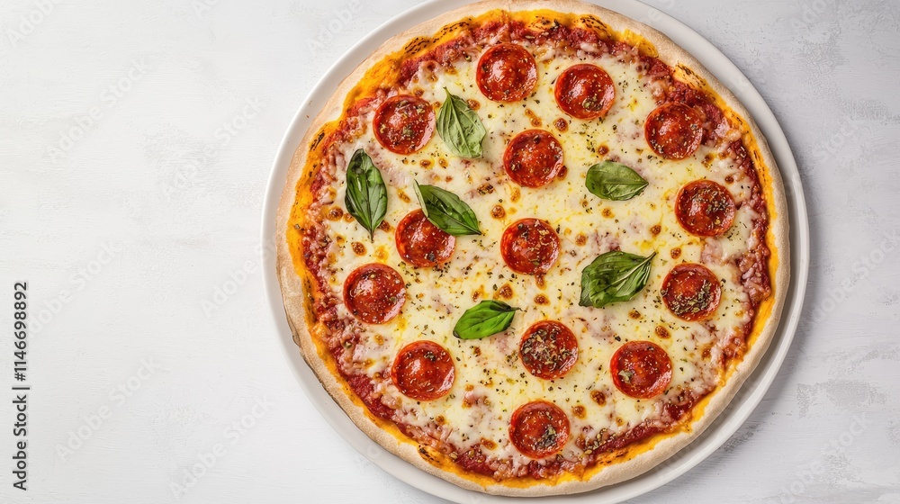Delicious pepperoni pizza with melted mozzarella cheese and fresh basil on a white plate. Delicious pepperoni pizza with melted mozzarella cheese and fresh basil on a white plate.
