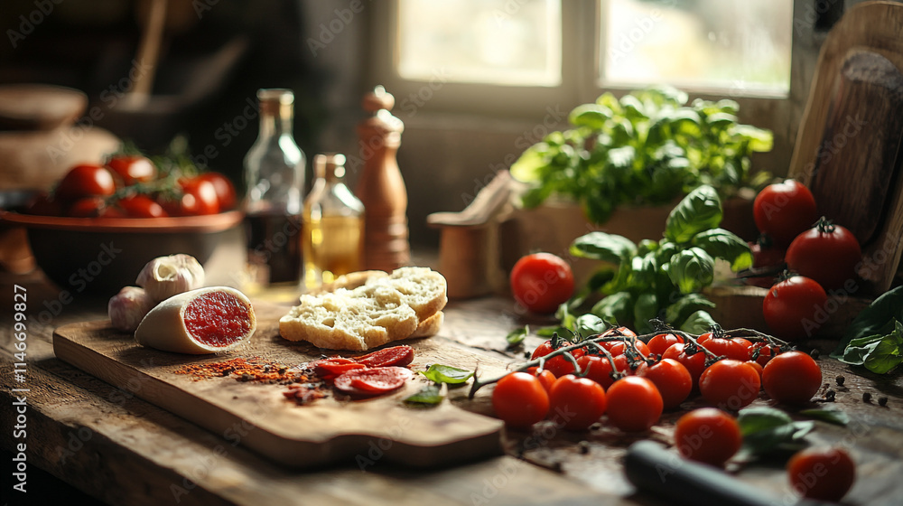 Fresh ingredients on a wooden table with herbs, tomatoes, and bread. Fresh ingredients on a wooden table with herbs, tomatoes, and bread.