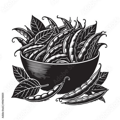 Green Beans Silhouette Vector Illustration, Solid White Background.