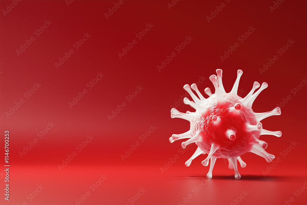 Virus particle with spiky protrusions, depicted in red and white tones, set against a dramatic red background. Virus particle with spiky protrusions, depicted in red and white tones, set against a dramatic red background.