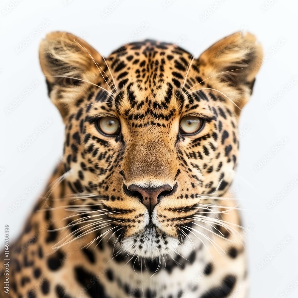 Naklejka premium Close up of majestic leopard staring intensely, showcasing its beautiful spotted coat and piercing gaze against a clean white backdrop
