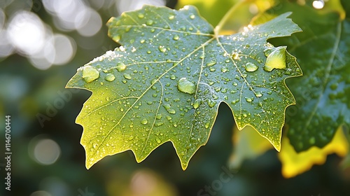 A realistic photo of water droplets clinging to the edge of a green leaf, with sunlight creating a soft bokeh effect in the background. photo