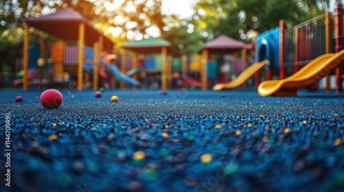 Colorful playground with children playing on a rubberized surface. Sunlight streams down on a playground with various play structures and kids at play. photo