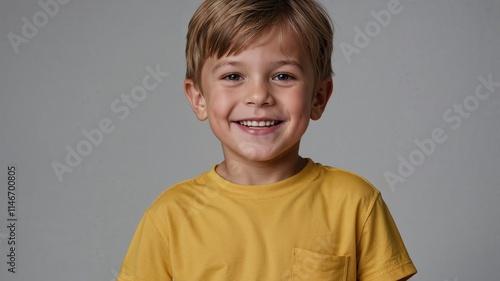 Happy Little boy in yellow clothes smiling portrait