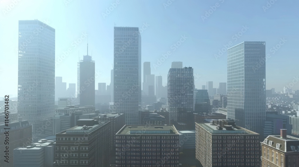 Fototapeta premium A city skyline featuring modern skyscrapers shrouded in mist.