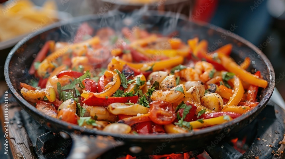 A vibrant dish of sautéed vegetables and shrimp, garnished with herbs, steaming in a pan. A vibrant dish of sautéed vegetables and shrimp, garnished with herbs, steaming in a pan.