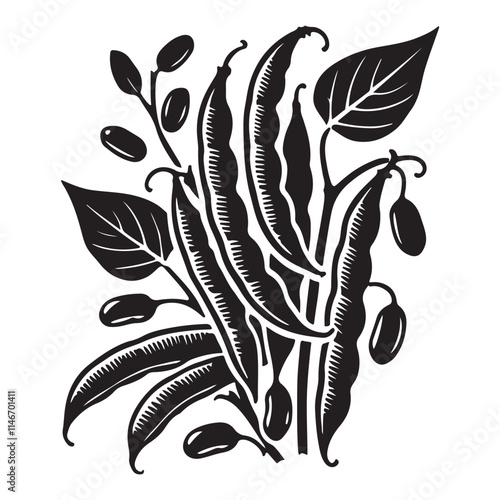 Green Beans Silhouette Vector Illustration, Solid White Background.