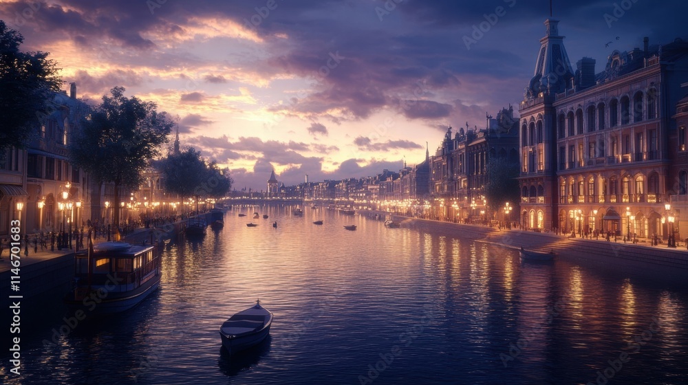 Fototapeta premium romantic canal sunset cityscape