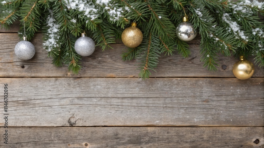 Fototapeta premium Festive Christmas ornaments on a rustic wooden surface with a dusting of snow on the evergreen branches.