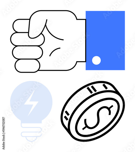 Hand fist with blue cuff signifies strength and determination, light bulb represents ideas or solutions, dollar coin symbolizes financial success and wealth. Ideal for business, finance, innovation