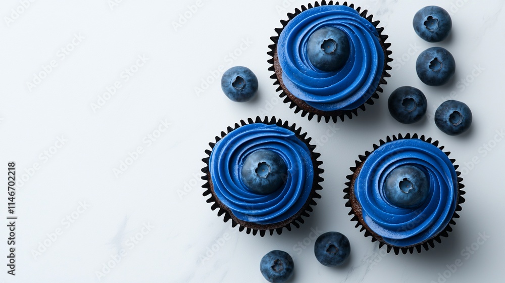 Three blue frosted cupcakes with blueberries. Three blue frosted cupcakes with blueberries.