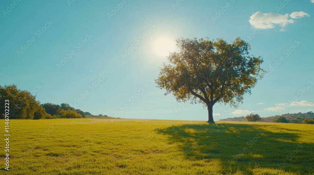 Green grass field lawn with tree and yellow sunlight against blue sky. Green Meadows Beautiful Journey Through Nature Great as a background, web banner Green grass field lawn with tree and yellow sunlight against blue sky. Green Meadows Beautiful Journey Through Nature Great as a background, web banner