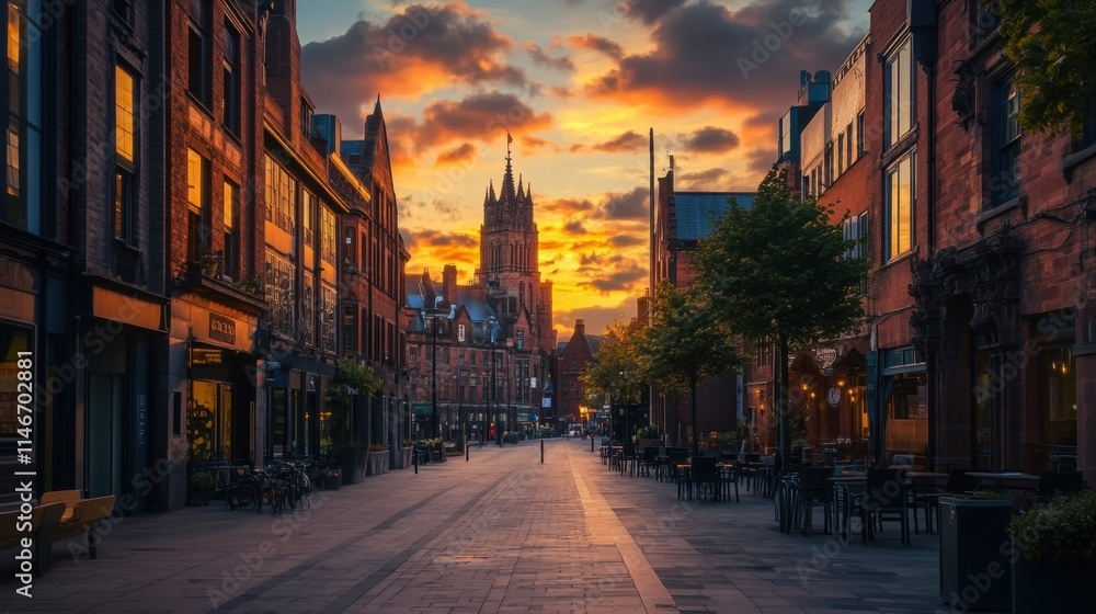 Fototapeta premium sunset over a charming cobblestone street in england