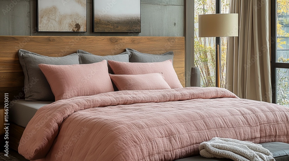 Cozy bed with soft pink and gray linens, plush rug, and modern bedside lamps Cozy bed with soft pink and gray linens, plush rug, and modern bedside lamps