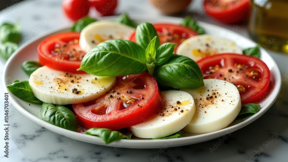 Photorealistic insalate Caprese with alternating slices of tomatoes, mozzarella, and basil, drizzled with olive oil, sprinkled with salt and pepper, on a marble countertop Photorealistic insalate Caprese with alternating slices of tomatoes, mozzarella, and basil, drizzled with olive oil, sprinkled with salt and pepper, on a marble countertop