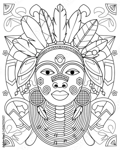 Traditional African Mask with Intricate Tribal Designs. Black History Month Coloring Page