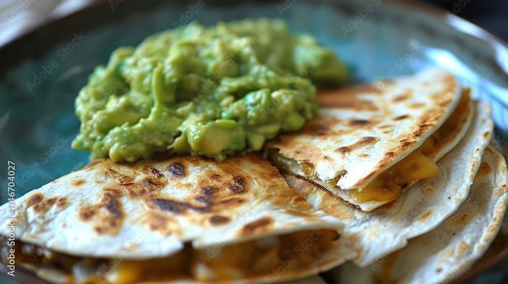 A plate of quesadillas served with a side of guacamole. A plate of quesadillas served with a side of guacamole.