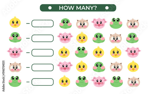 Math kids activity sheet. Count how many cute head animals. Vector illustration of education counting game for preschool children. Mini math game how many kawaii face animal