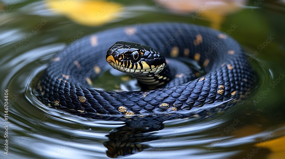 A sharp, realistic photo of a water snake gliding gracefully across a clear pond, with ripples forming around its streamlined body. A sharp, realistic photo of a water snake gliding gracefully across a clear pond, with ripples forming around its streamlined body.