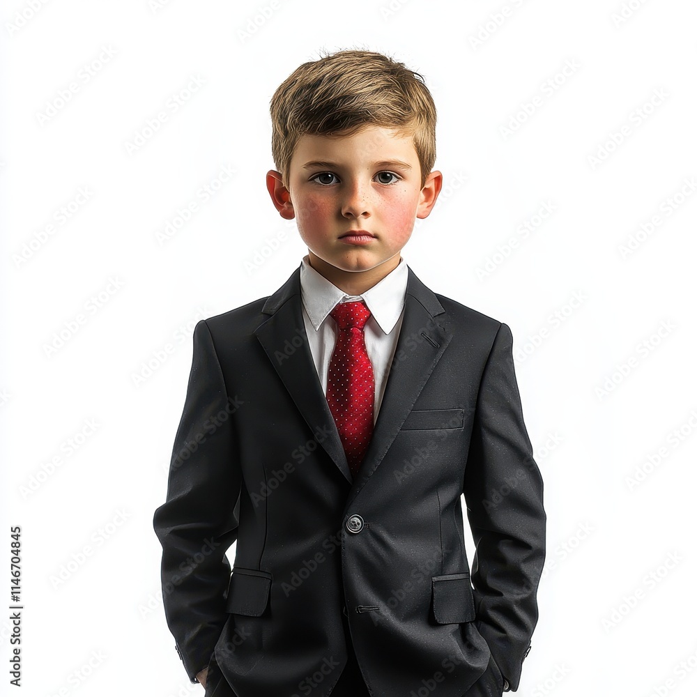 Young Boy in Formal Suit with Serious Expression on White Background Young Boy in Formal Suit with Serious Expression on White Background
