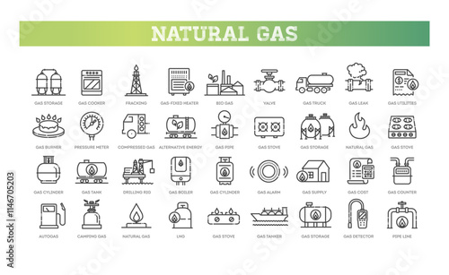 Set of natural gas line icons. Symbols with gas pipeline, fuel tanks and gas station