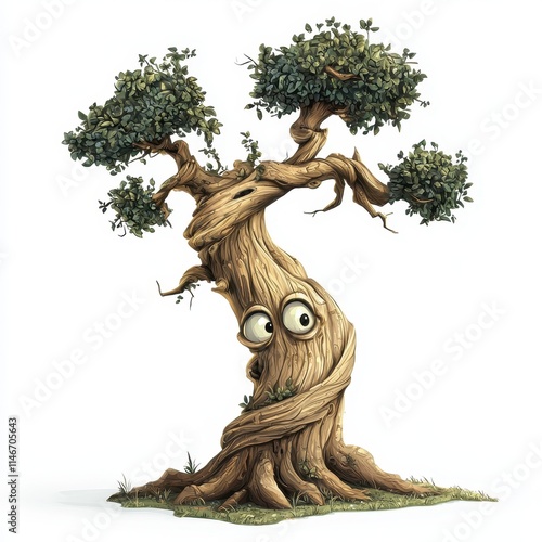 Whimsical Cartoon Tree Character with Fun Expression and Lush Foliage