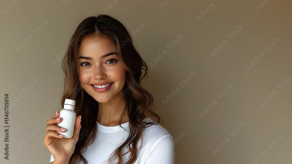 Young woman holding a pill bottle smiles against a brown background promoting health and wellness products