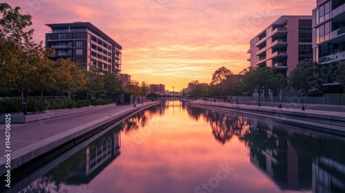 serene sunset over city canal modern architecture waterfront ref photo