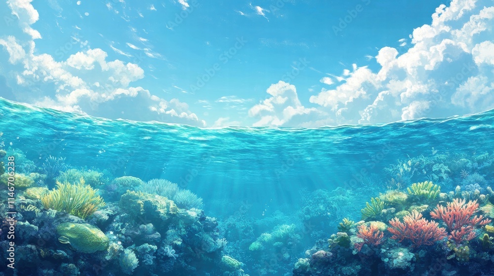 stunning underwater coral reef scene with sunny sky stunning underwater coral reef scene with sunny sky