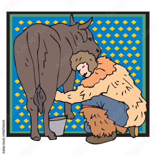 Cartoon characters of farmer milking cow vector design