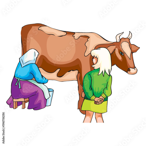 Cartoon characters of woman milking cow vector design