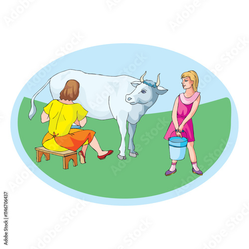 Cartoon characters of woman milking cow vector design