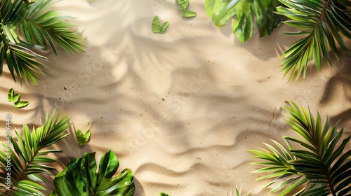 A minimalist beach banner with green palm leaves framing the edges, isolated on a sandy texture background.