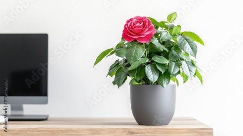 Wallpaper Mural Pink rose in gray pot on wooden desk near computer. Torontodigital.ca