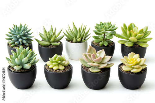 Collection of indoor succulent house plants in ceramic pots collection isolated on a white background