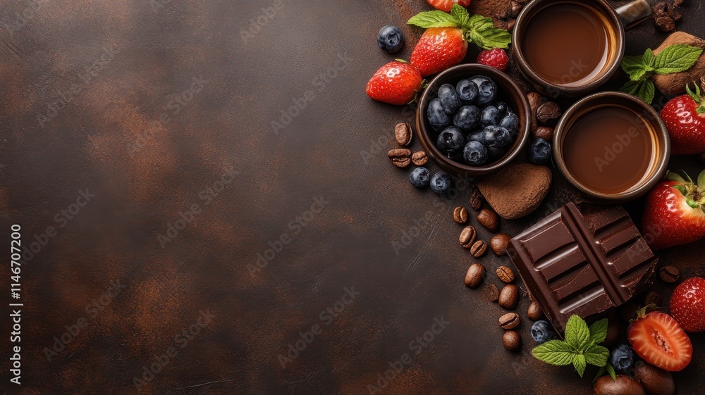 Indulging in chocolate fondue with fresh fruits and coffee cozy kitchen setup gourmet experience top view Indulging in chocolate fondue with fresh fruits and coffee cozy kitchen setup gourmet experience top view