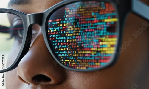 Wallpaper Mural A close-up of a person wearing sunglasses with colorful digital patterns reflected in the lenses. Torontodigital.ca