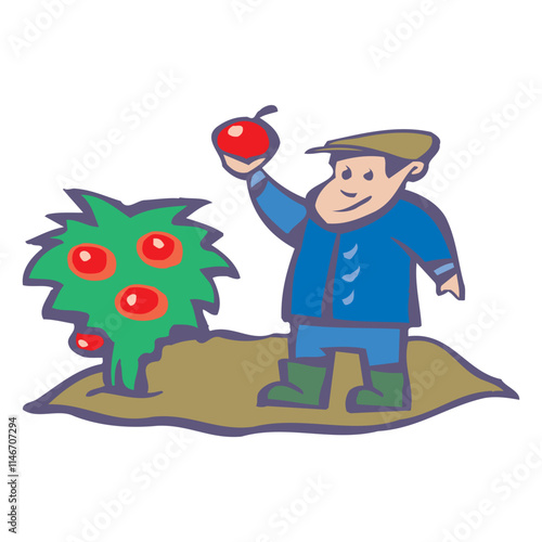 Cartoon characters of farmer Picking Apples vector design