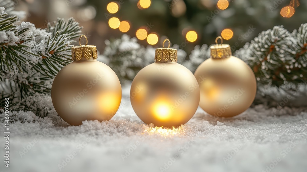 Golden christmas baubles with soft glow on snowy ground holiday decor outdoor festive warm concept
