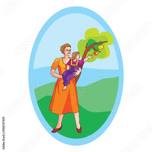 Cartoon characters of a woman carrying her child Picking Apples vector design