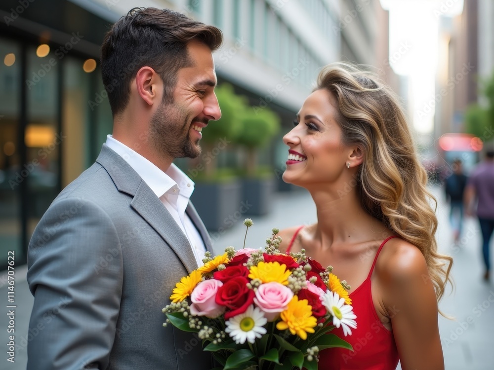 Couple enjoys a romantic moment in the city center, sharing smiles and flowers on a sunny afternoon Couple enjoys a romantic moment in the city center, sharing smiles and flowers on a sunny afternoon