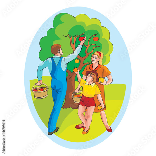 Cartoon characters of farmer with his family Picking Apples vector design