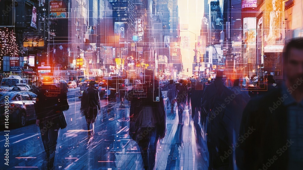 Futuristic urban street with vibrant neon lights, blurred motion, and digital overlays, showcasing a dynamic, high-tech cityscape. Perfect for themes of innovation and modern life.